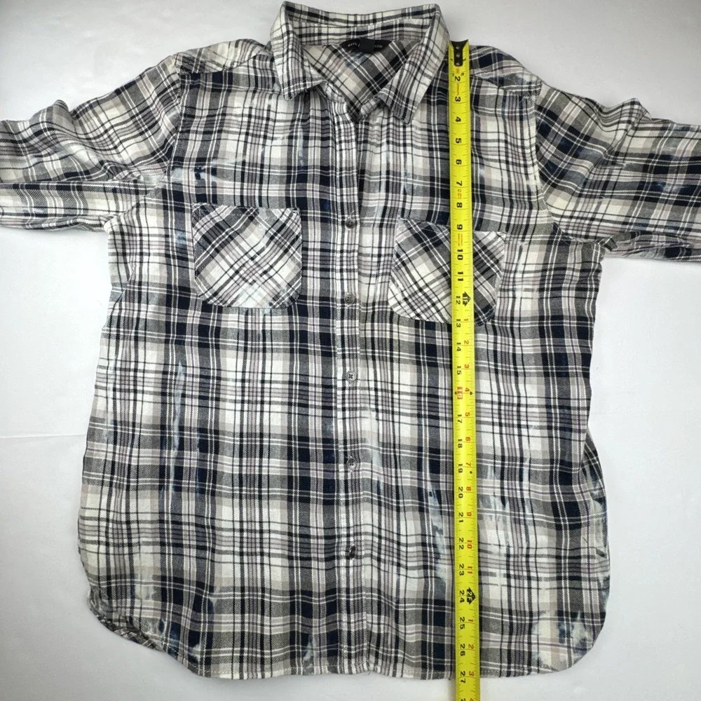 Distressed‎ Bleached Plaid Button Down Shirt Rock & Republic Purple Black Large